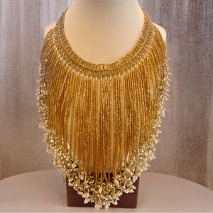Vintage Gold Beaded Fringe Bib Necklace Egyptian Revival 70s Boho